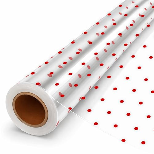 volila Klar Cellofanrulle - Cellofaninslagning för Presentkorgar - Tjock Mångsidig Klar Cellofanrulle för Bukett, Gåvokorgar, Blomsterinslagning, Matförpackning… (White Dots - 40cm x 30m)
