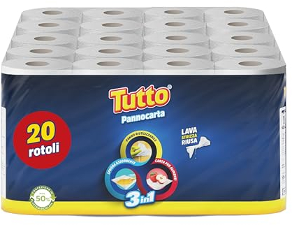 Tutto Pannocarta 3 in 1, 20 Mehrzweck-Papierrollen, 1 Schicht, 48 Risse, extra saugfähig, waschbar und mehr als 20 Mal wiederverwendbar, 100% Made in Italy