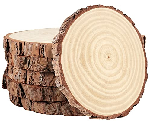 PINGEUI 6 delar naturliga träskivor, 23–25 cm obehandlade träcirklar med bark runda tomma träskivor träskivor för gör-det-själv-hantverk, juldekorationer och bröllopsdekorationer