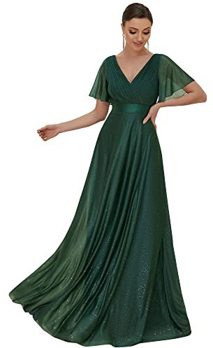 Ever-Pretty Shimmering Wedding Guest Dresses V-Neck Short Sleeves Empire Waist Dark Green 16