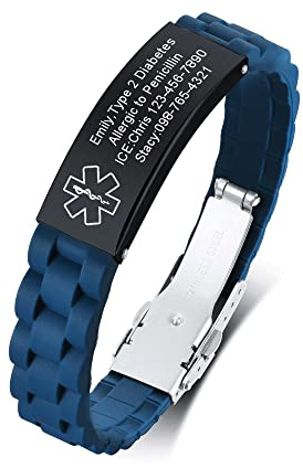 Vnox Braccialetto di emergenza medica da uomo Cinturino personalizzato Braccialetti personalizzati in silicone con incisione Bracciale medico regolabile da uomo in acciaio inossidabile