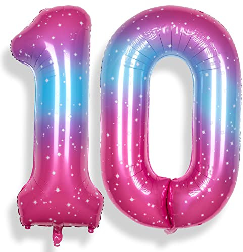 RainbowQ Party 10 Balloon Number 40 Inch for Boy or Girl Big Starry 0-9 Foil Mylar Large 10 Number Balloons Happy 10th Birthday Party Anniversary Decorations Supplie