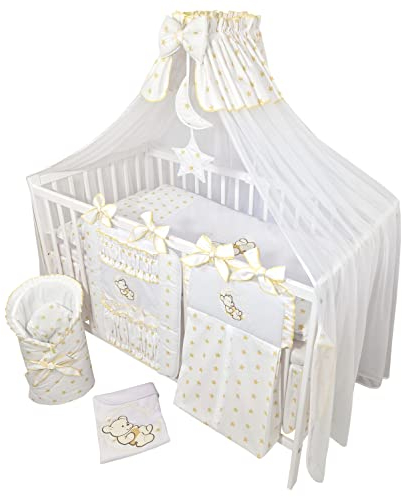 Bello24 - 16 Teiliges Babybett Kinderbett und Bettwäsche komplett Set Happy Leo inkl. Matratze höhenverstellbar für Neugeborene Babys und Kleinkinder (Teddybär Mond goldene Sternchen)