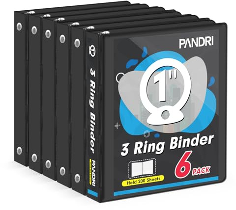3 Ring Binder 1 Inch, PANDRI 6 Pack 1-Inch Binder Fits Letter Size 8.5'' x 11'' Paper, Versatile Binders for Office Home School, 2 Pockets, Black
