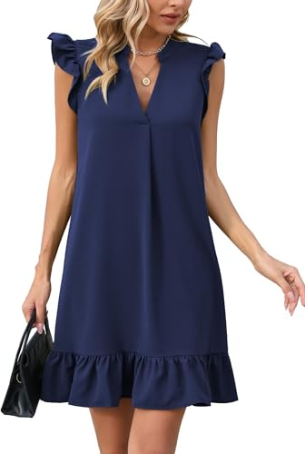 Famulily Robe d'été pour femme couleur unie col en V à volants manches cap robe droite S-XXL, bleu, L
