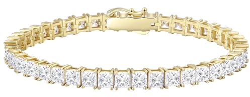 KRKC&CO Tennisarmband Silber 925 für Damen, 4mm Tennis Armband Prinzessschliff 14K Gold beschichtet, Zirkonia Kristall Armband Iced Out, Geburtstag Geschenk für Frauen Mädchen [Größe 16,5cm]