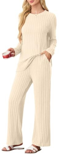PrinStory Conjuntos de Pijama para Mujer, Pijamas Rayados para Mujer, Conjuntos de Ropa de Salón Informal, Conjuntos de Camisetas de Manga Larga y Pantalones de Pijama con Bolsillos, beige, XXL