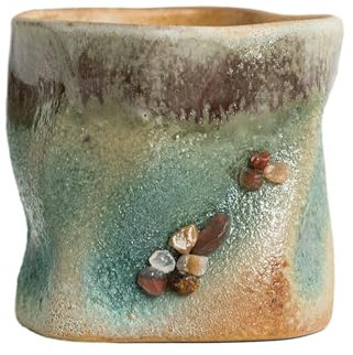 Taza creativa de estilo japonés con forma de cerámica de 300 ml, sin asa, taza irregular sin asa, cambio gradual verde