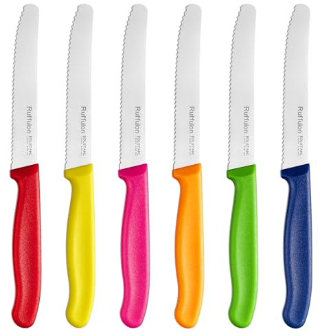 Ruffulon Coltelli da Tavola Colorato,Set di 6 Coltello Pane,Coltelli da Cucina in Acciaio Inox,Coltelli Seghettato Super Affilato,Coltello Cucina,Coltello per Pomodoro,Coltelli da Cucina Professionali