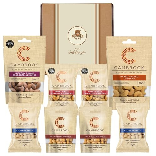 Bundle Bear Nuts Gift Set, Including Cambrook Nut Snacks Packs in Gift Box – Premium Peanuts, Cashews & Almonds – Men’s Snack Hamper – Father’s Day, Birthday or Gift for Him (Standard)