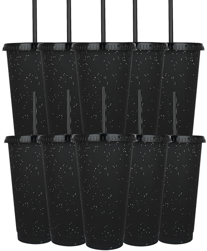 Yisituo Lot de 10 gobelets en plastique de 710 ml, avec couvercle et paille, pour adultes et enfants, réutilisables, parfaits pour les fêtes, la plage et les fêtes à la piscine (10, noir)