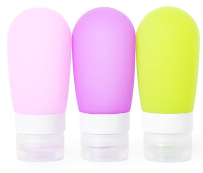 Mziart 3 Pack Soft Silicone Travel Bottles Portable Refillable Bottles Travel Size Shampoo and Conditioner Containers, Pink, Purple, Green, 2.7 OZ, Colorful, Minimalist, Practical, Portable