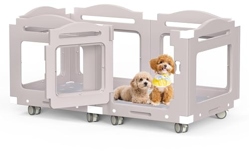 Acrylic Dog Playpen, Indoor Whelping Box with Pet Stroller, Puppy Playpen for Small Medium Pets, Cat Rabbit & Puppies, 6-Panel with Bottom Panel, 8 Wheels, Safe, Sturdy, Apricot Gray