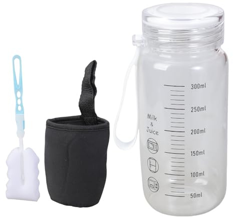 Bouteille en verre borosilicate de 300 ml avec graduations graduées, avec manchon et couvercle, bouteille en verre transparent pour salle de sport