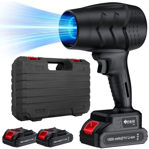 JiGiU Soplador de Hojas Inalámbrico con Batería 21V, Soplador de Aire sin Cable de 21V 26000RPM para Limpiar el Coche, el PC, el Patio y el Jardín Ligero Nieve con 2 Pilas Recargables