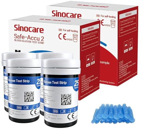 Sinocare(Safe Accu2) Blood Sugar Test Strips, 100 pcs, No Coding Required, Comes with 100 blood collection needles, for sinocare Safe-Accu2 Blood Glucose Monitor Only
