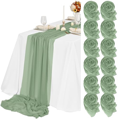 Teruntrue 12-pack salvia grön ostduk bordslöpare 55 x 300 cm ny naturlig mjuk look boho gasväv ostduk bordslöpare för bröllopsfest baby möhippa födelsedagsdekorationer