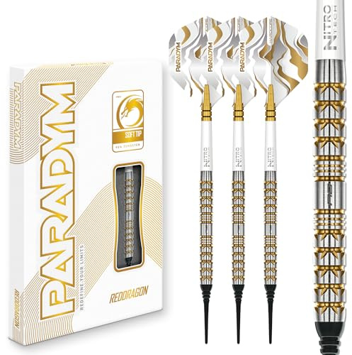 RED DRAGON Fléchettes - Série Paradym Gold | Fléchettes de 18g baril/20g poids total | Baril parallèle | Ensemble de fléchettes professionnelles à pointe douce - 90% tungstène | Comprend les ailettes
