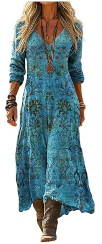 Mfhmom Vestito Lungo Donna Estivo Lino Cotone Manica 3/4 Scollo a V Stile Boho Hippie Vintage Abito Maxi Etnico Geometrico Caftano da Spiaggia Mare Casual Largo Taglie Forti Comodo Vacanza