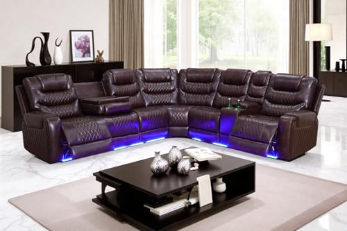 COSYMOOR Power Recliner Sectional Sofa with LED Light for Living Room, Dark Brown Leather Reclining Sofa Corner Sectional Couches Set, Cup Holder, Storage Console for Home Theater Seating