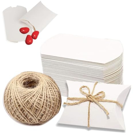 Naiocase 100 pz Scatole Portaconfetti Bianchi in Carta Kraft con Corda di Canapa Bomboniere Conffetti per la Festa Matrimonio Compleanno Battesimo Comunione Bianco