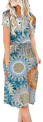 AUSELILY Summer Dresses for Women Short Sleeve Knee Length with Pockets Loose Pleated Empire Dress T-Shirt Dresses
