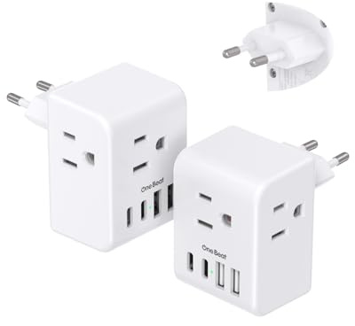 2 Pack European Travel Plug Adapter, International Power Plug Adapter with 3 Outlets 4 USB Charging Ports(2 USB C), Type C Plug Adapter Travel Essentials to Most Europe EU Spain Italy France Germany