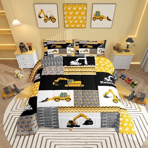 Feelyou Excavator Comforter Construction Vehicles Comforter Set Equipment Trucks Bedding Set for Children Kids Boys Girls Cartoon Car Duvet Set Geometric Lattice Room Decor Quilt Set Twin Size