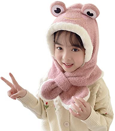 Halsduk med huva för barn, unisex, baby, pojkar, flickor, vindtät barnmössa, tecknad groda, vintermössa, småbarn, mössa, mössa, mössa, plysch, öronlappar, hattar för baby 3–6 år, rosa