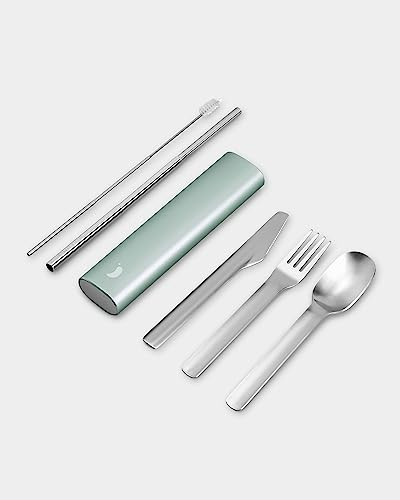 Chilly's Cutlery - Portable Cutlery, Stainless Steel Utensils with Aluminium Travel Case, Reusable Knife, Fork, Spoon, & Straw, Dishwasher Safe - for Travel and Camping - Lichen Green