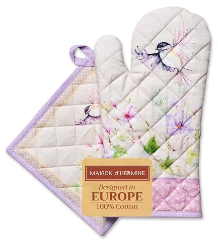 Maison d' Hermine ugnsvante (19 cm x 33 cm) och grytlapp (20 cm x 20 cm) 100 % bomull köksugn vante + grythållare, bankett, grill, mikrovågsugn, magnolia morgon-vår/sommar