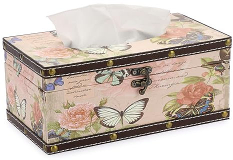 TOLIDA PU+ Wood Rectangular Tissue Box Cover - Retro Household Tissue Box Holder Organizer, Tissue Paper Dispenser for Bathroom