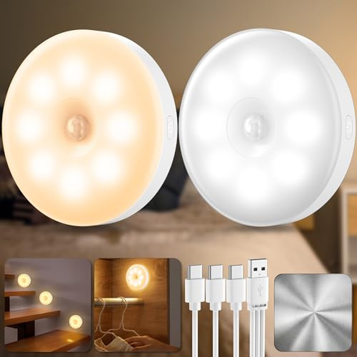 daphomeu 2 Pezzi Luce Notturna Con Sensore di Movimento USB Ricaricabile, Lampada con Sensore di Movimento Interno, Illuminazione A LED Per Scale, Armadio, 3 Modalità di Luce Per Corridoio, Scale