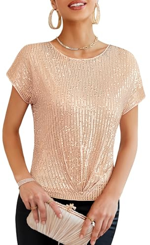 GRACE KARIN Casual Alltag Ausgehen Damen Shirt Elegant Party Glitzer Oberteile Flügelärmel Rundhalsausschnitt Glänzendes Pullover Roségold S