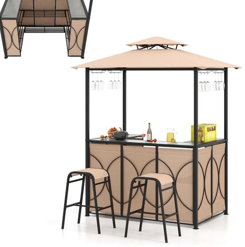 HOMASIS Gazebo pour Barbecue avec Banc de Bar et 2 Tabourets, Tonnelle Extérieure Résistante avec Double Toit, Pergola Résistante à la Pluie et au Feu (Marron, 194 x 121 x 242 cm)