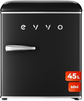 EVVO Mini Nevera Retro 45 Litros de Capacidad, Diseño Vintage, Bajo Consumo, Silenciosa, Control de Temperatura, Organizador de Espacios, Frigorífico Mini F20 Retro Color Negro