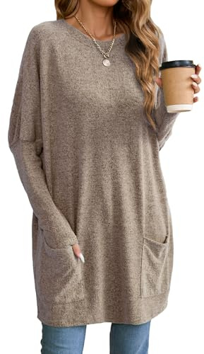 Famulily Longue chemise ample pour femme - Style décontracté - Couleur unie - Grande taille - Longue - Col rond - Sweatshirt avec poches, marron, XL