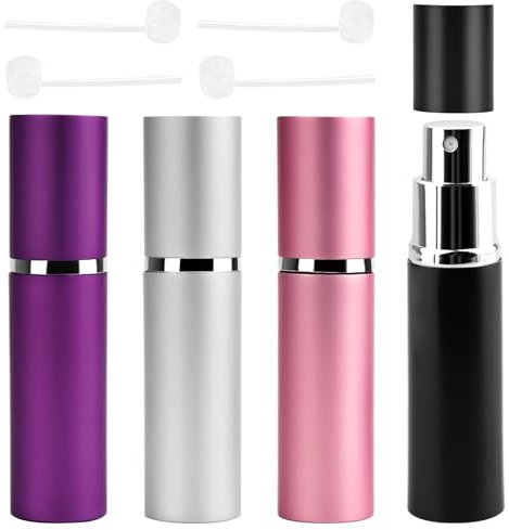 rietegio 10ML Perfume Atomiser 4PCS Mini Spray Bottle Portable Perfume Dispenser Travel Perfume Atomiser Refillable Travel Essentials for Purse Handbag Pocket and Luggage(Black Silver Pink Purple)