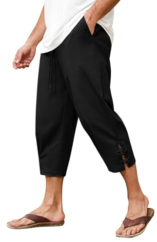 FemiChic Pantalones de Lino para Hombre Trousers Bermudas Pantalon Cargo y Piratas Cortos 3/4 Ligeros y Elásticos para Verano Casual para la Playa