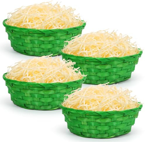 Cestini di Pasqua con Erba Decorativa, 4 Pezzi Cestino Pasqua da Riempire, Erba di Pasqua Marrone Naturale, Cestini di Pasqua In Vimini, Nidi di Pasqua Cesto Tessitura per Decorazione Uovo Pasqua
