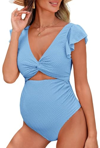 Happy Cherry Traje de baño de una pieza para embarazadas con mangas volantes de verano traje de playa de una pieza con cuello en V, turquesa, S