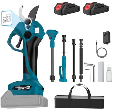 Tijeras de Podar Electricas, Tijeras de Podar Bateria, Ajustement du Diamètre de Coupe 40-55 MM, con Varilla de Extensión 2 Metros, Motor sin Escobillas, 2 x 1500mAh Baterías, Pantalla LCD