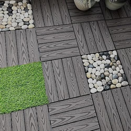 KjoiDWz 18 losas de terraza entrelazadas for Uso en Exteriores, terrazas de Madera y plástico Impermeables. Terraza entrelazada compuesta de plástico y Madera(Embossed Gray)