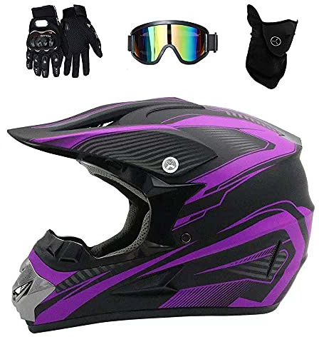 Integral MTB Casco de Motocross, con Gafas Guantes Mascarilla, Juventud Niño Todoterreno Motocicleta ATV Cascos, Cuesta Abajo Carreras de Enduro Quad Dirt Bike Casco(Purple,S/52-53CM)