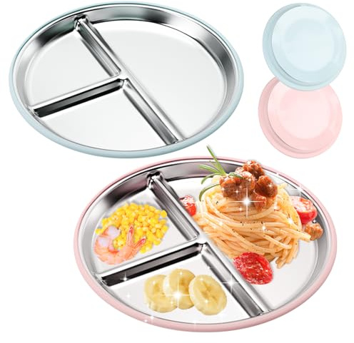 auvstar Set de 2 Platos de Acero Inoxidable con Ventosa para Bebé,Platos Para Niños Pequeños,Platos Divididos Para Alimentación Autónoma,Antideslizante y Portátil Adecuado (Rosa)