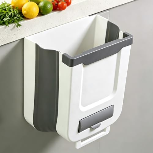 HZYUEKUN Foldable Kitchen Door Bin, Hanging Trash Can, 10L Kitchen Rubbish Wall-Mounted Waste Box for Under Sink,Cupboard Door, Cabinet, Camping, Bathroom,Trip, Motorhom(Grey)