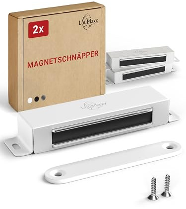 LouMaxx Pestillo magnético fuerte – Fuerza de sujeción 25 kg – Juego de 2 unidades de acero inoxidable – Imán para puerta – Imanes para muebles – Cierre magnético de acero inoxidable
