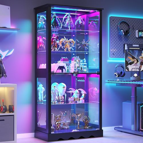 FREDEES Glass Display Cabinet with Lock and RGB Lights, 5-Tier, Black