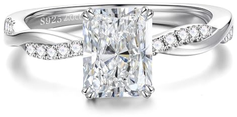 MOOSEA Moissanite Rings for Women, 14K White Gold Plated 925 Sterling Silver Wedding Ring Radiant Cut Engagement Ring Promise Rings for Her Twist Moissanite Wedding Band