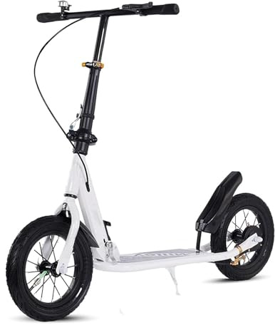 QKBMFK City Scooter for Adults, 100 Kg Load Capacity, 290 Mm Big Wheel Scooter, Foldable City Scooter with Handbrake and Brake, Height Adjustable Kick Scooter White